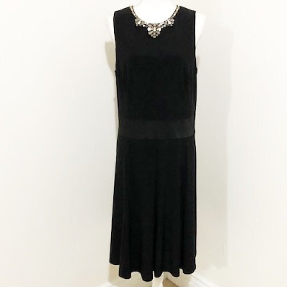 𝅺LAUREN Ralph Lauren Black Sleeveless A-Line Dress w/ Beaded Neckline